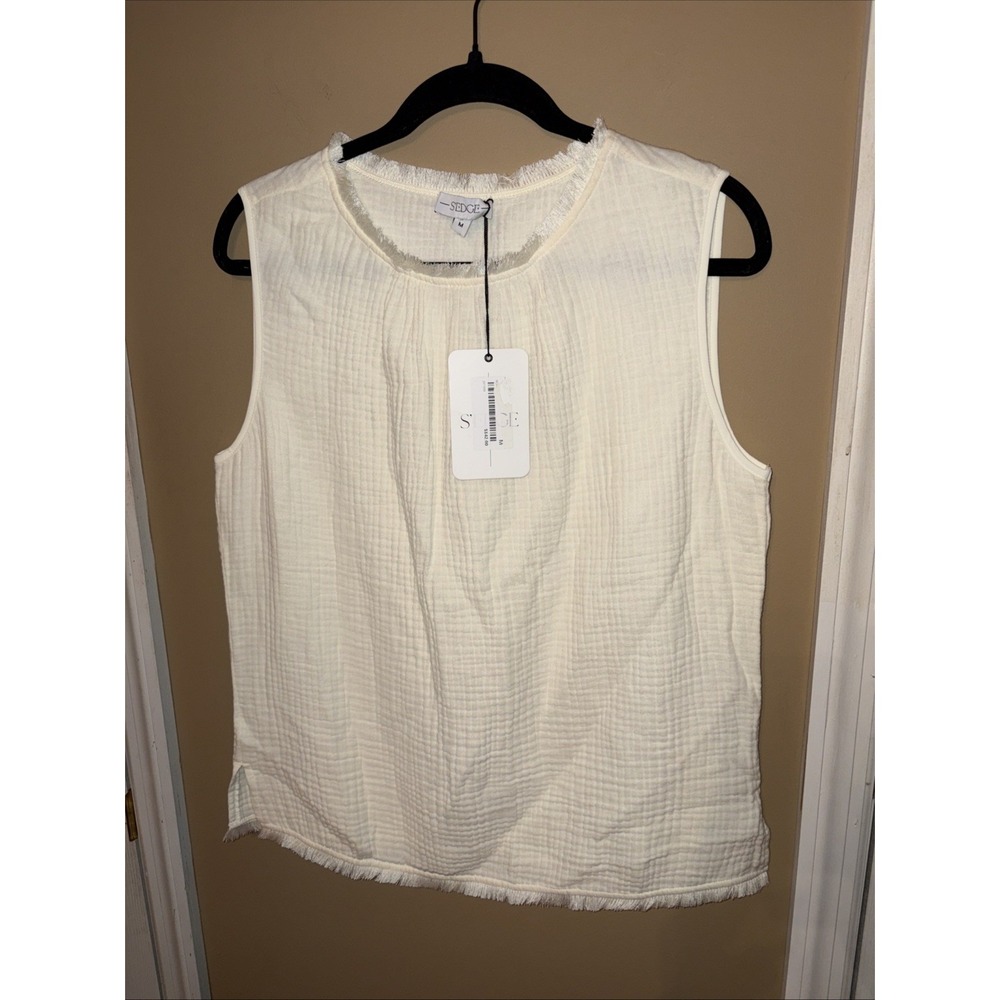NWT $142 S'EDGE Top M Cotton Gauze Tank Cream Atlanta Designer Fringed Trim